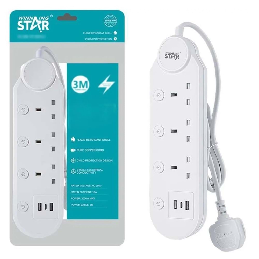 WİNNİNG STAR ST-1201U-3 UZATMA KABLOSU 2XUSB + 3 FİŞLİ