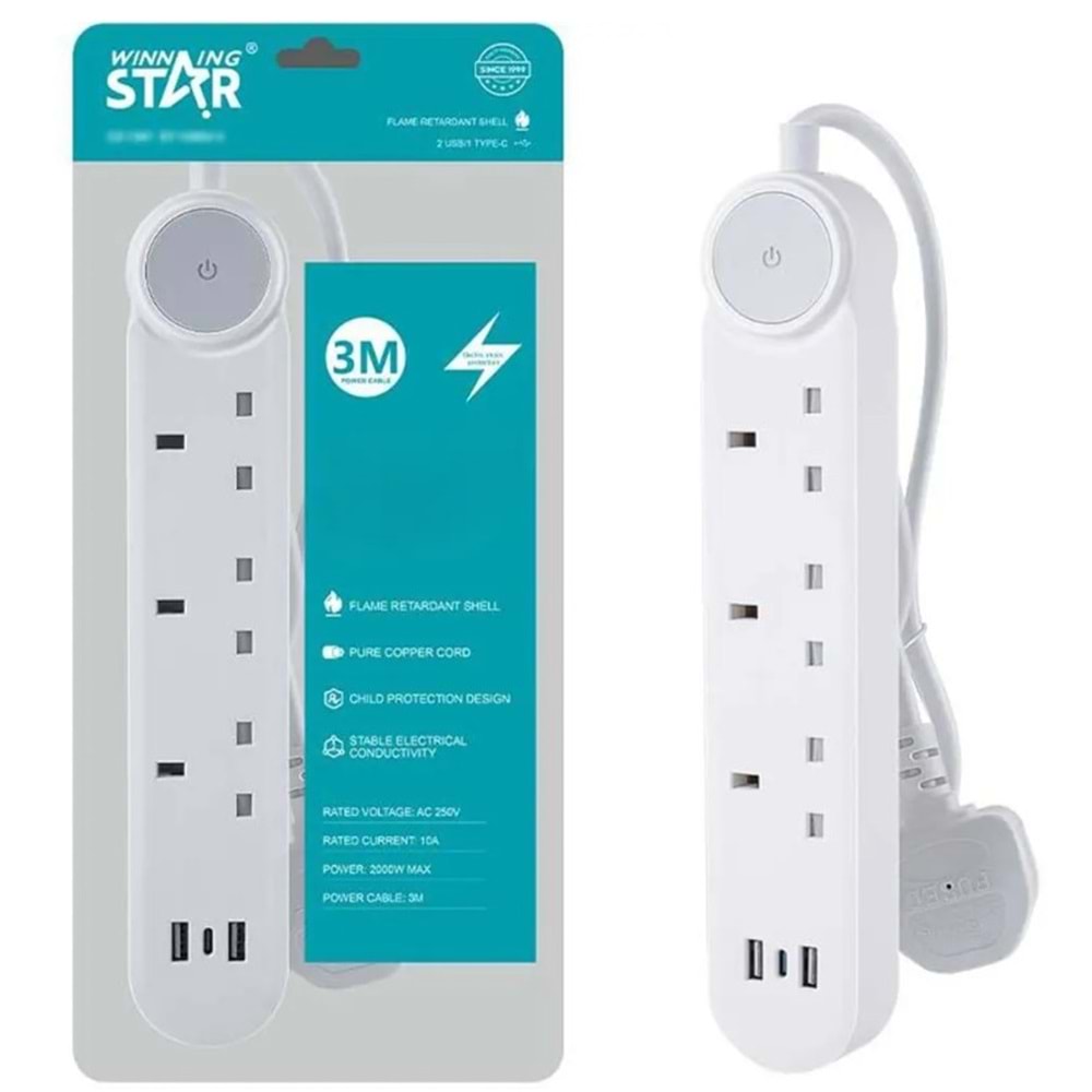 WİNNİNG STAR ST-1200U-3 UZATMA KABLOSU 2xUSB 3 PLUG
