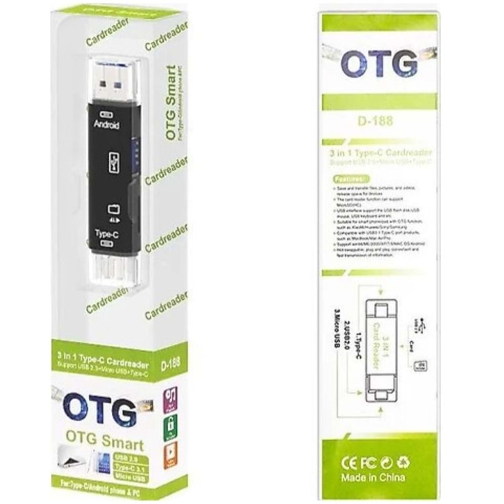 OTG SMART D-188 3 İN 1 KART OKUYUCU USB 2.0 + TYPE-C + MİCRO USB