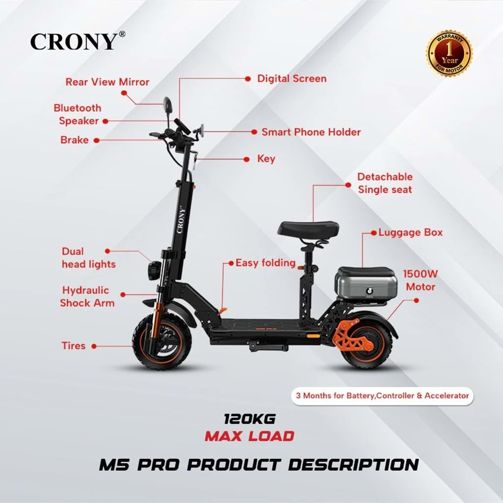 CRONY M5 Pro 1500W Yüksek Hızlı Elektrikli Scooter – Bluetooth Hoparlörlü, Mobil Uygulama Bağlantılı, IPX4 Suya Dayanıklı, 120 kg Taşıma Kapasiteli (Yetişkin & Çocuk)