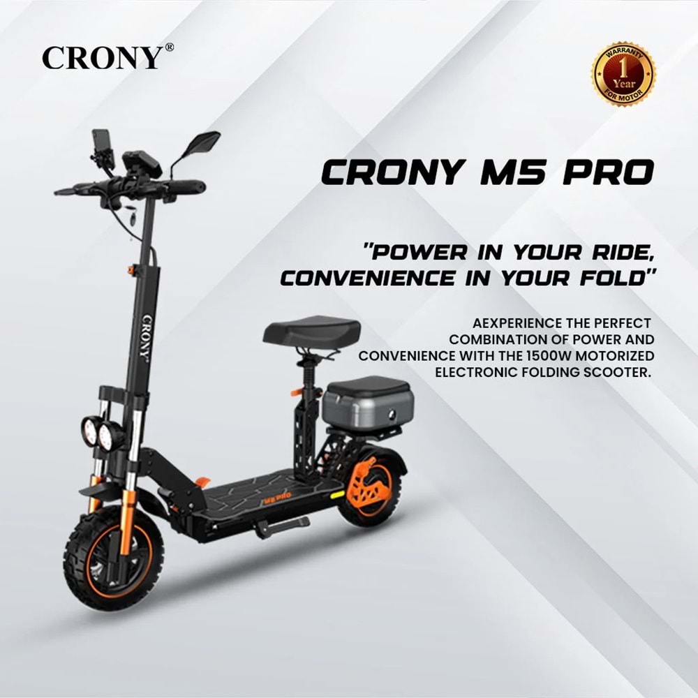 CRONY M5 Pro 1500W Yüksek Hızlı Elektrikli Scooter – Bluetooth Hoparlörlü, Mobil Uygulama Bağlantılı, IPX4 Suya Dayanıklı, 120 kg Taşıma Kapasiteli (Yetişkin & Çocuk)