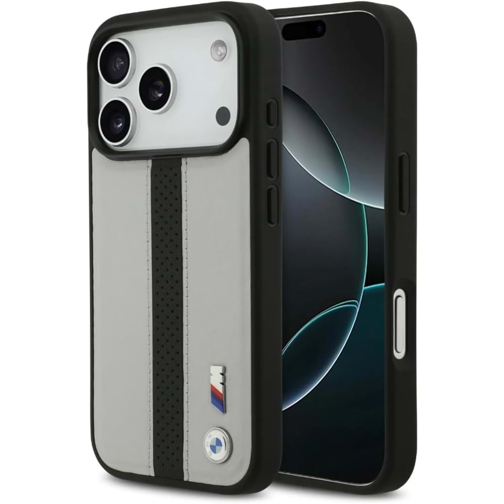 BMW PU DERİ KILIF (DELİKLİ ŞERİTLİ VE METAL LOGOLU) İPHONE 17 PRO MAX - GRİ/SİYAH BMOHMP17X25PCPSGK