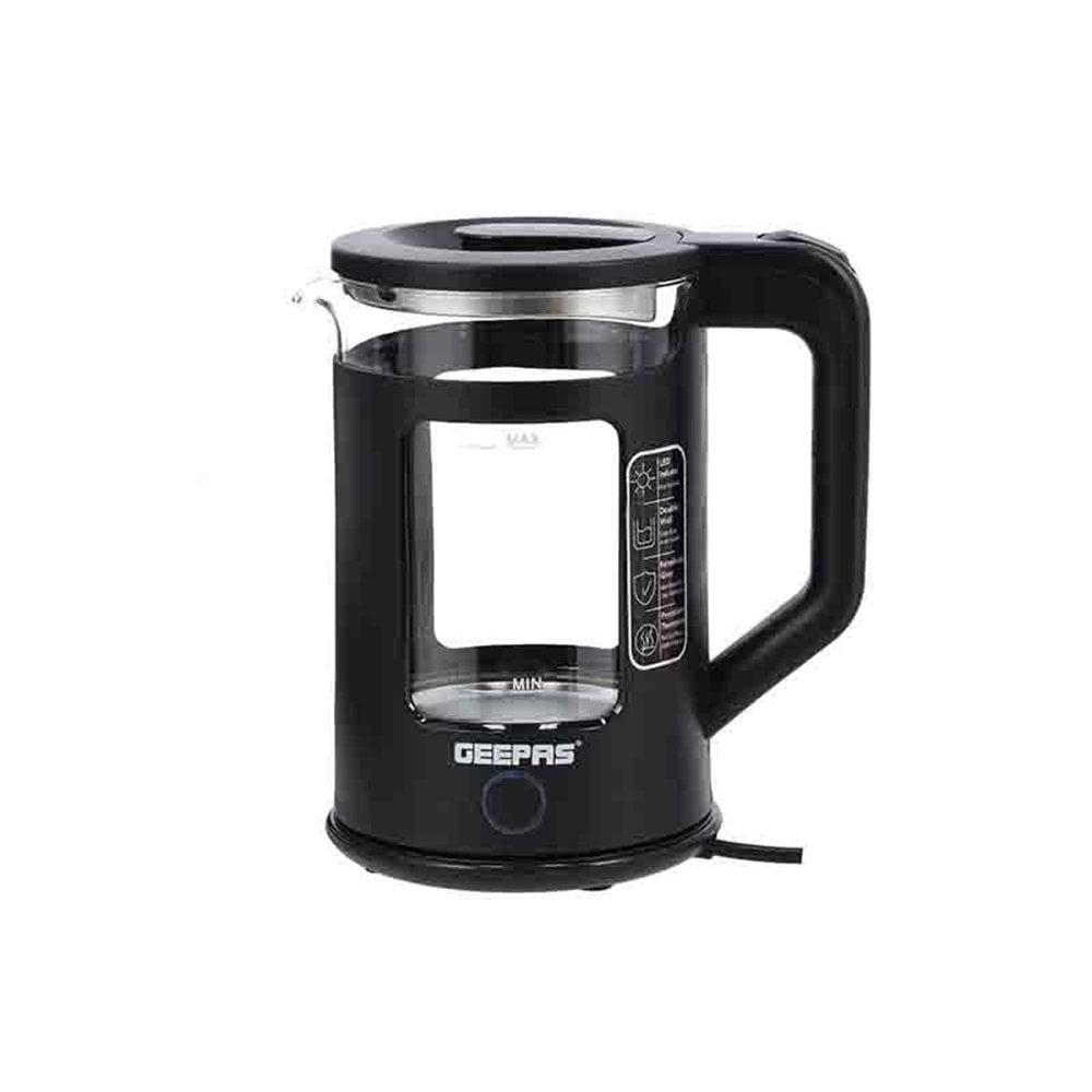 GEEPAS GK38049 1.7L ÇİFT KATMANLI CAM KETTLE - MAVİ LED IŞIKLI VE OTOMATİK KAPANMALI SU ISITICI - 360 DERECE KABLOSUZ TABAN