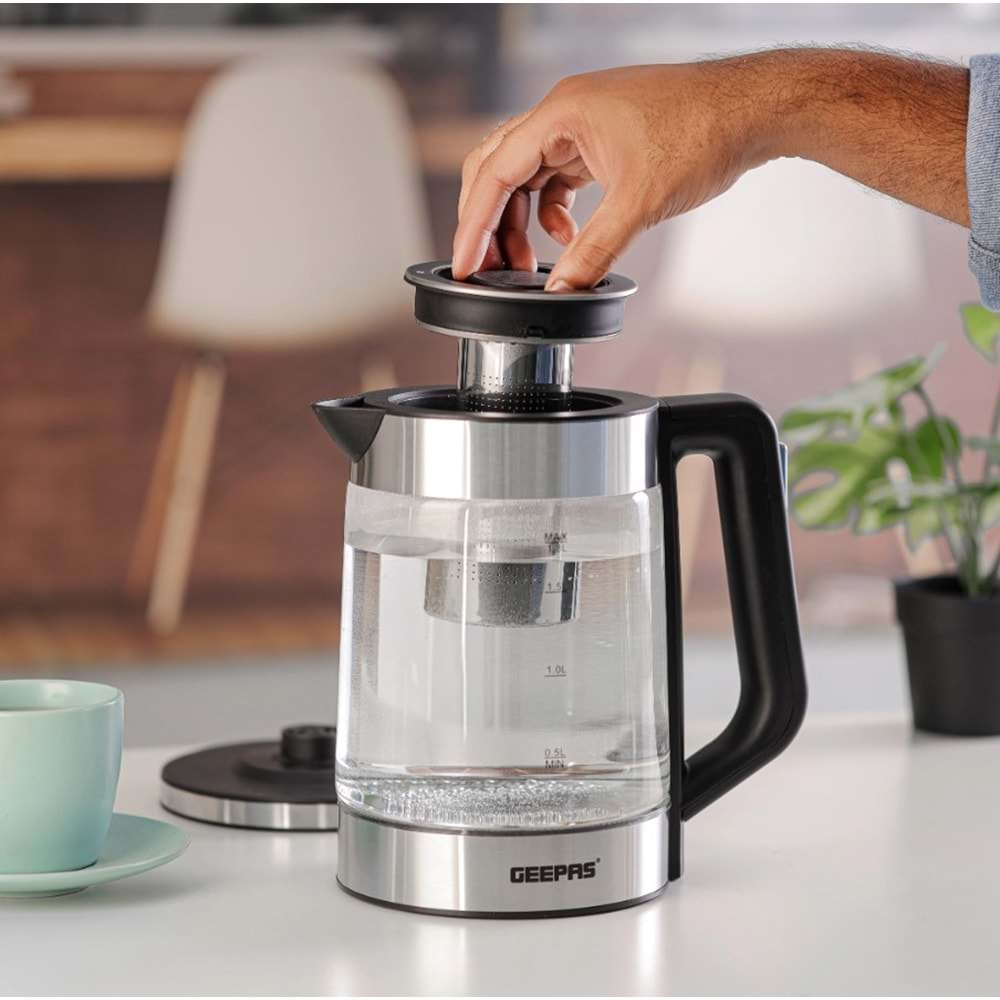 GEEPAS GK38049 1.7L ÇİFT KATMANLI CAM KETTLE - MAVİ LED IŞIKLI VE OTOMATİK KAPANMALI SU ISITICI - 360 DERECE KABLOSUZ TABAN