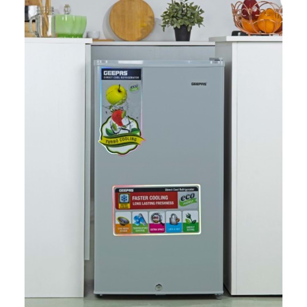GEEPAS GRF115SPEH 110L GÜMÜŞ MİNİ BUZDOLABI - GÜÇLÜ KOMPRESÖR, EMNİYET KİLİDİ, AYARLANABİLİR TERMOSTAT