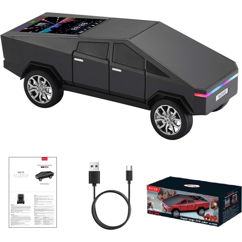 WSTER WS-580 SİYAH CYBERCAR TASARIMLI RGB IŞIKLI BLUETOOTH HOPARLÖR - LED EKRANLI FM RADYO VE GÜÇLÜ BASS DESTEKLİ WIRELESS SPEAKER