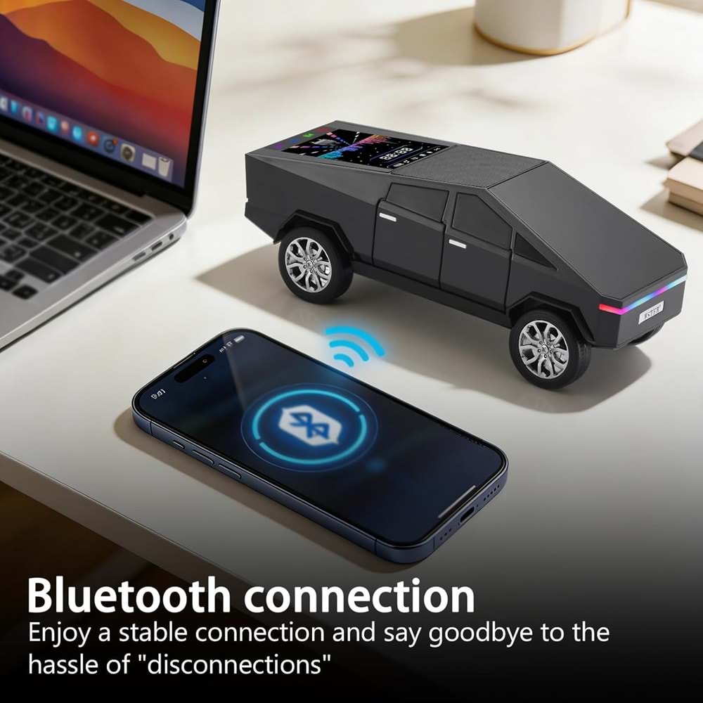 WSTER WS-580 SİYAH CYBERCAR TASARIMLI RGB IŞIKLI BLUETOOTH HOPARLÖR - LED EKRANLI FM RADYO VE GÜÇLÜ BASS DESTEKLİ WIRELESS SPEAKER