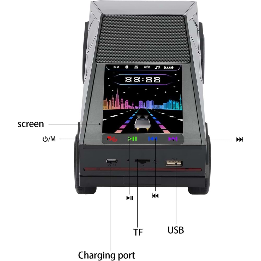 WSTER WS-580 SİYAH CYBERCAR TASARIMLI RGB IŞIKLI BLUETOOTH HOPARLÖR - LED EKRANLI FM RADYO VE GÜÇLÜ BASS DESTEKLİ WIRELESS SPEAKER