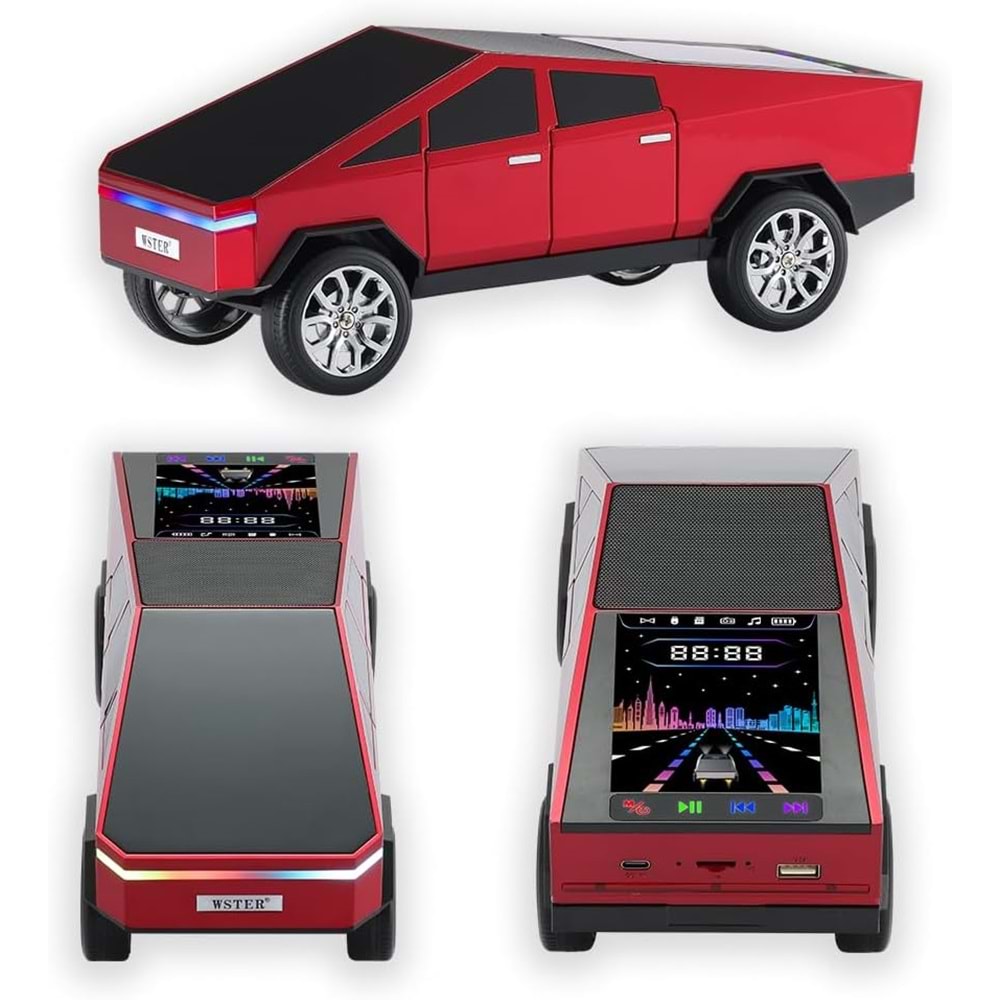 WSTER WS-580 KIRMIZI CYBERCAR TASARIMLI RGB IŞIKLI BLUETOOTH HOPARLÖR - LED EKRANLI FM RADYO VE GÜÇLÜ BASS DESTEKLİ WIRELESS SPEAKER