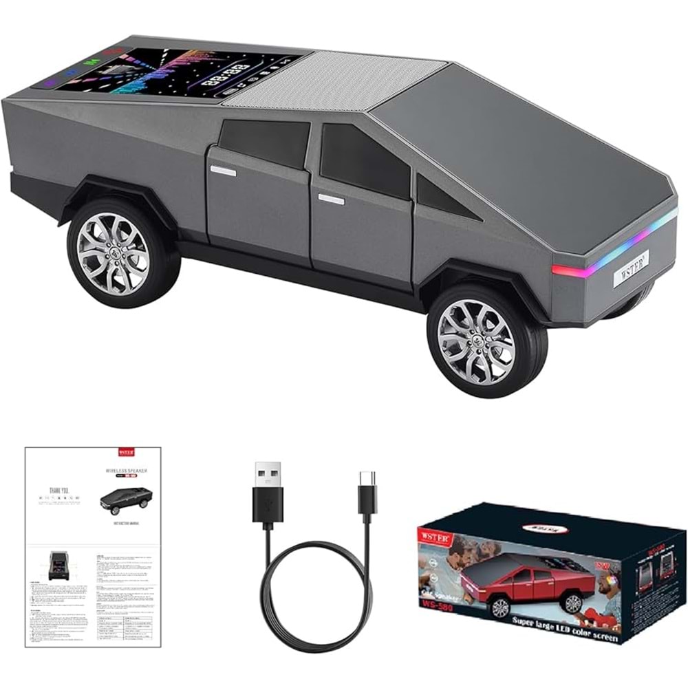WSTER WS-580 GRİ CYBERCAR TASARIMLI RGB IŞIKLI BLUETOOTH HOPARLÖR - LED EKRANLI FM RADYO VE GÜÇLÜ BASS DESTEKLİ WIRELESS SPEAKER