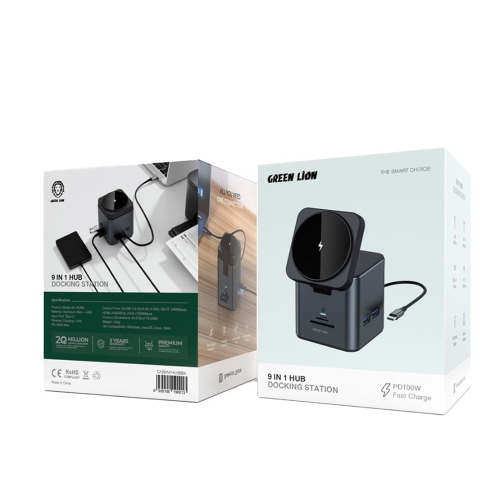 Green Lion 9'u 1 Arada USB-C Hub Çoklayıcı Adaptör - Siyah GN9IN1HUBBK