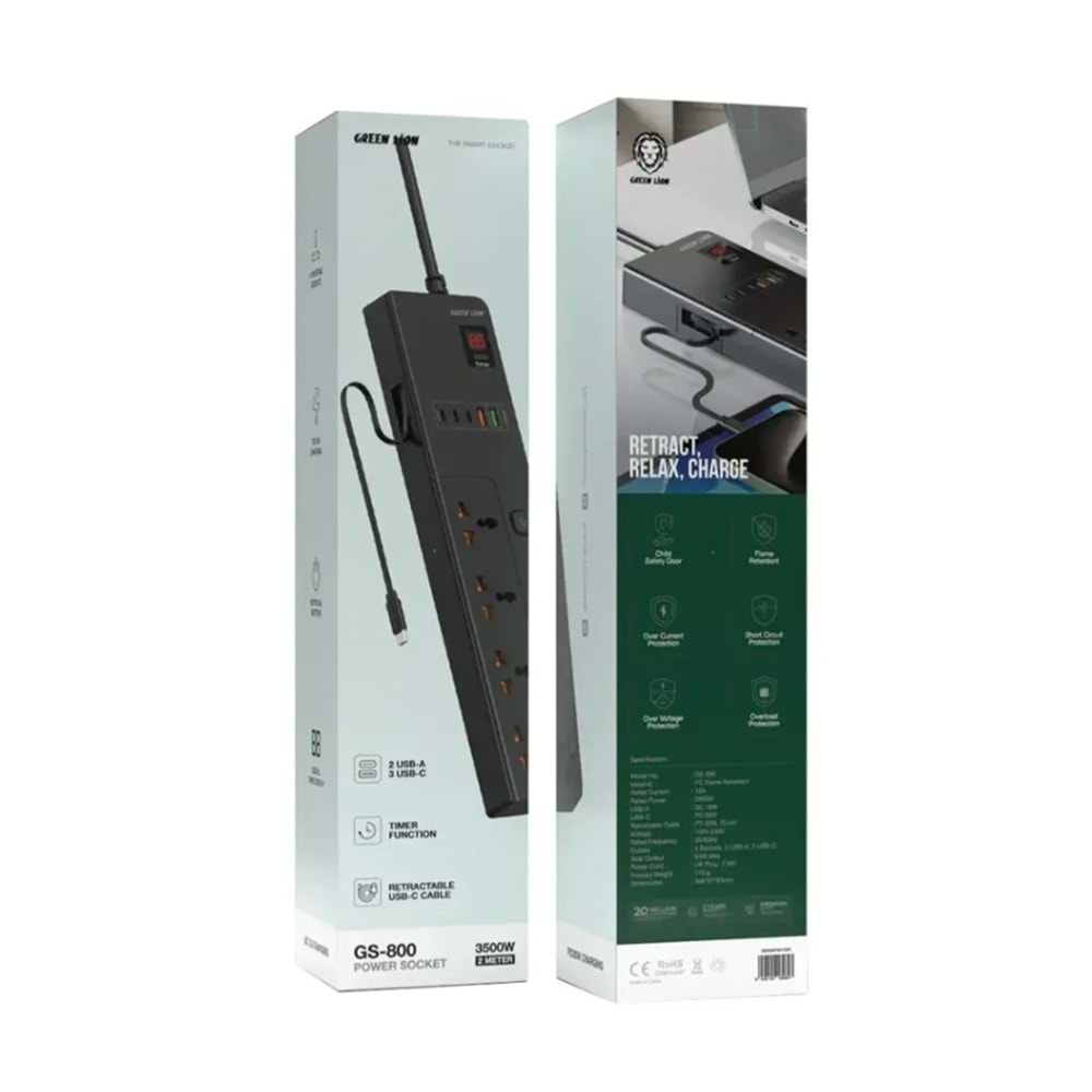 Green Lion GS-800 2 Metre Grup Priz 3500W - Siyah GNGS8PSKT2BK