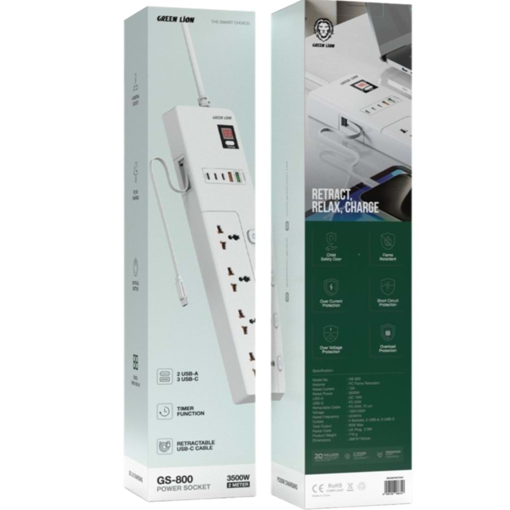 Green Lion GS-800 2 Metre Grup Priz 3500W - Beyaz GNGS8PSKT2WH