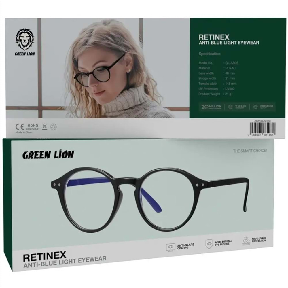 GREEN LION RETINEX MAVİ IŞIK ENGELLEYİCİ GÖZLÜK SİYAH - GNRTABGLSBK