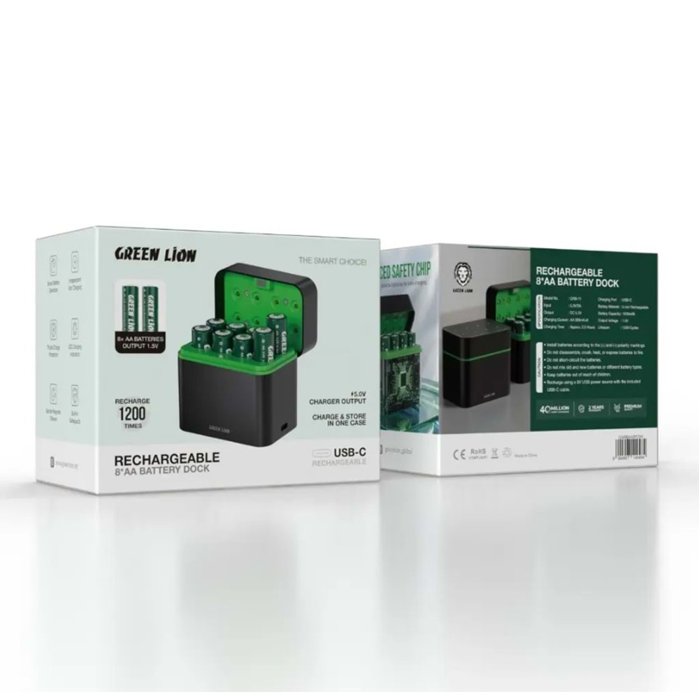 GREEN LION 8 ADET AA ŞARJ EDİLEBİLİR PİL ŞARJ CİHAZI USB-C SİYAH - GNRBAA8PCBK