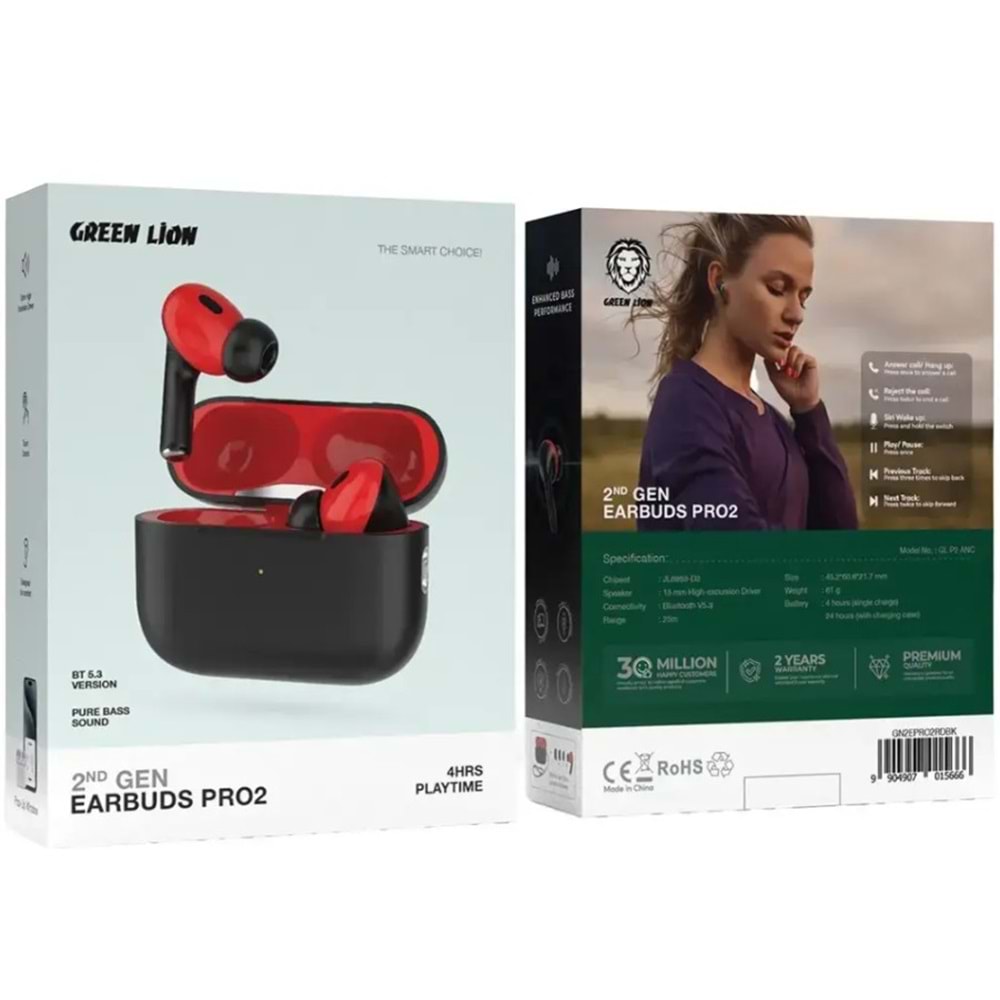 GREEN LION EARBUDS PRO 2 ANC KABLOSUZ KULAKLIK TWS KIRMIZI SİYAH - GN2EPRO2RDBK