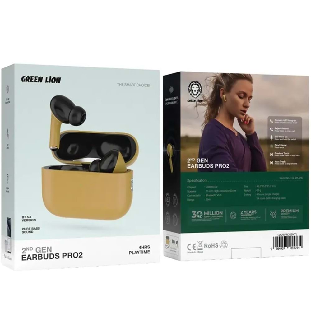 GREEN LION EARBUDS PRO 2 ANC KABLOSUZ KULAKLIK TWS SARI SİYAH - GN2EPRO2BKYL
