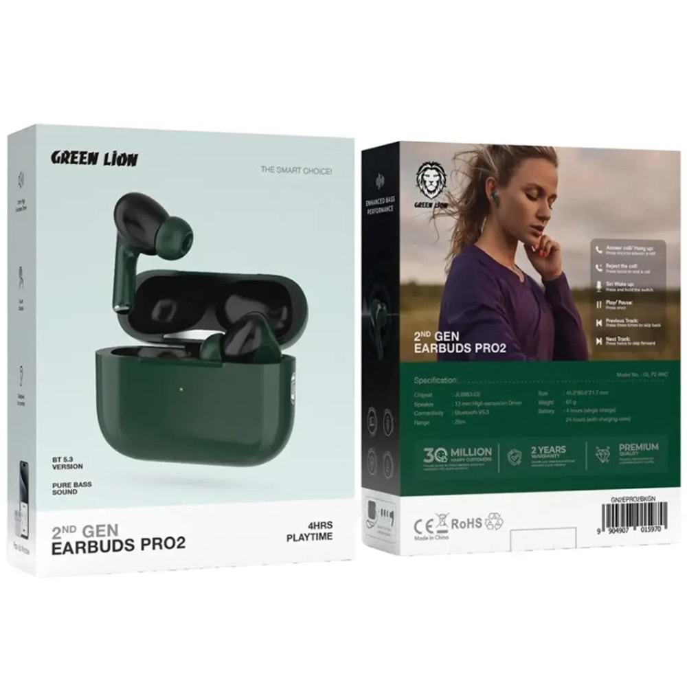 GREEN LION EARBUDS PRO 2 ANC KABLOSUZ KULAKLIK TWS YEŞİL SİYAH - GN2EPRO2BKGN