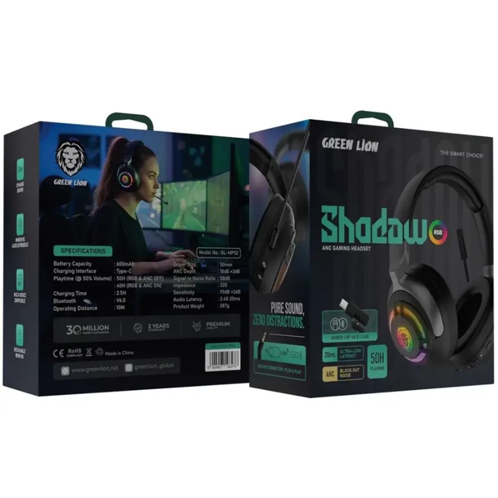 GREEN LION SHADOW ANC BLUETOOTH & KABLOLU OYUNCU KULAKLIĞI SİYAH - GNSHDANCHPBK