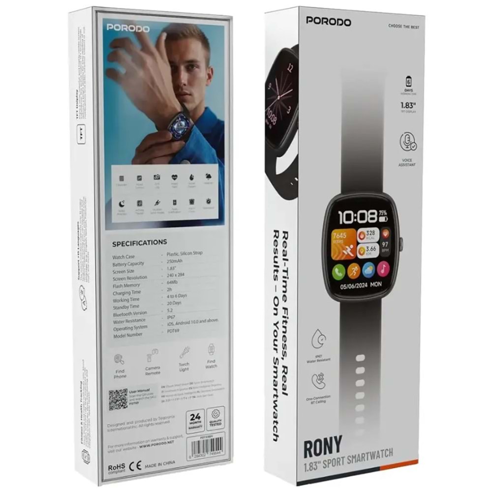 PORODO RONY AKILLI SAAT IP67 SU GEÇİRMEZ SİYAH - PDT69BK