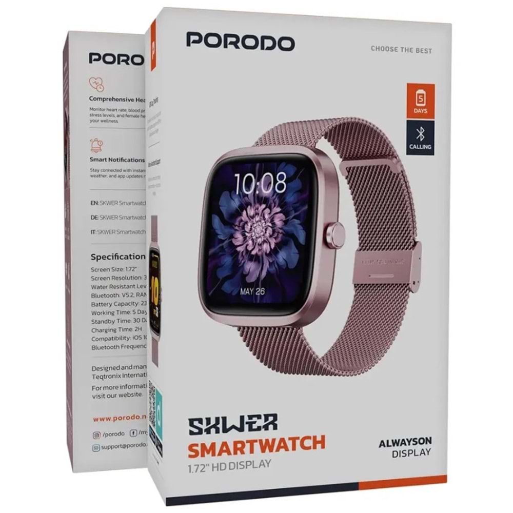 PORODO SKWER 1.72 HD AKILLI SAAT PEMBE - PDSWT71PK