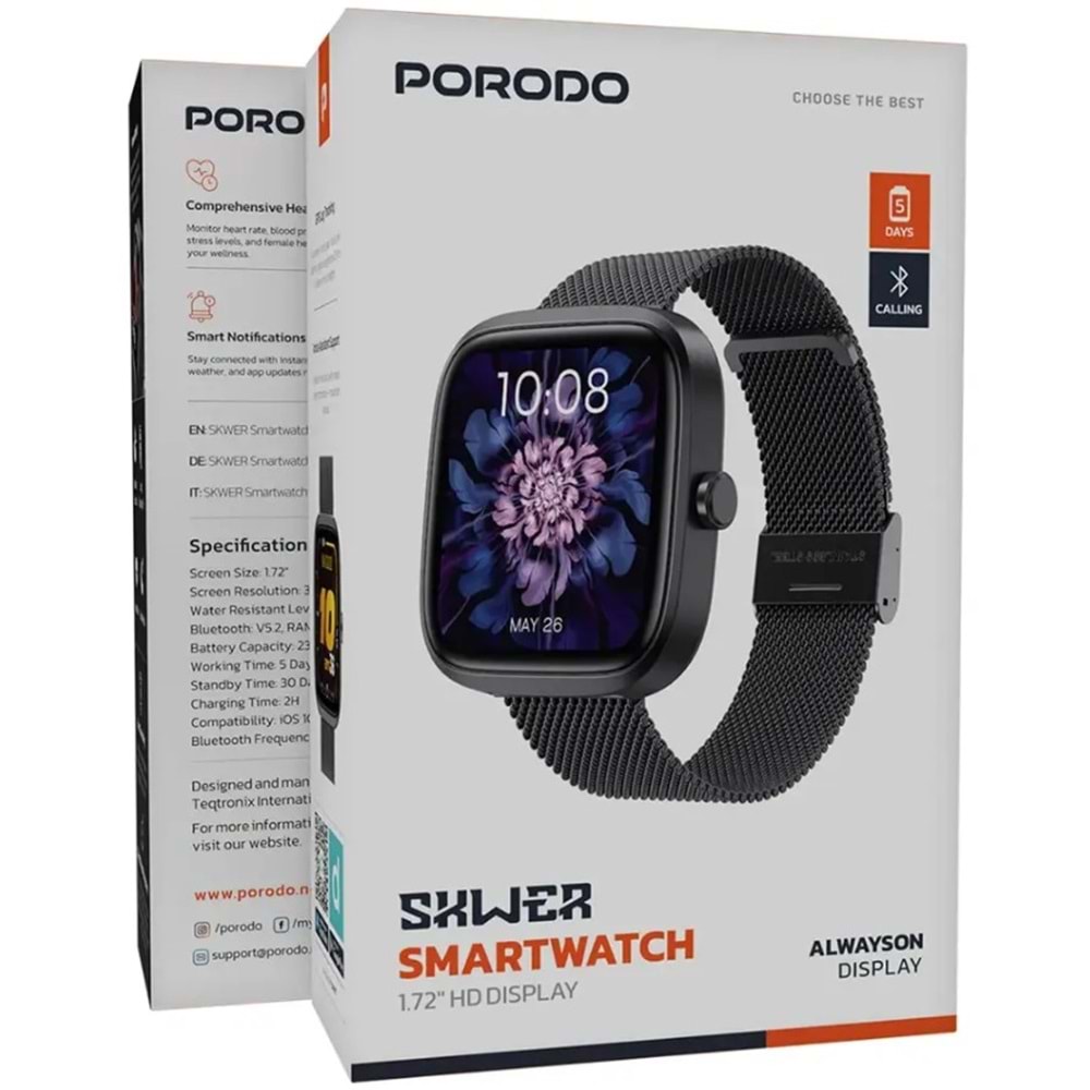 PORODO SKWER 1.72 HD AKILLI SAAT SİYAH - PDSWT71BK