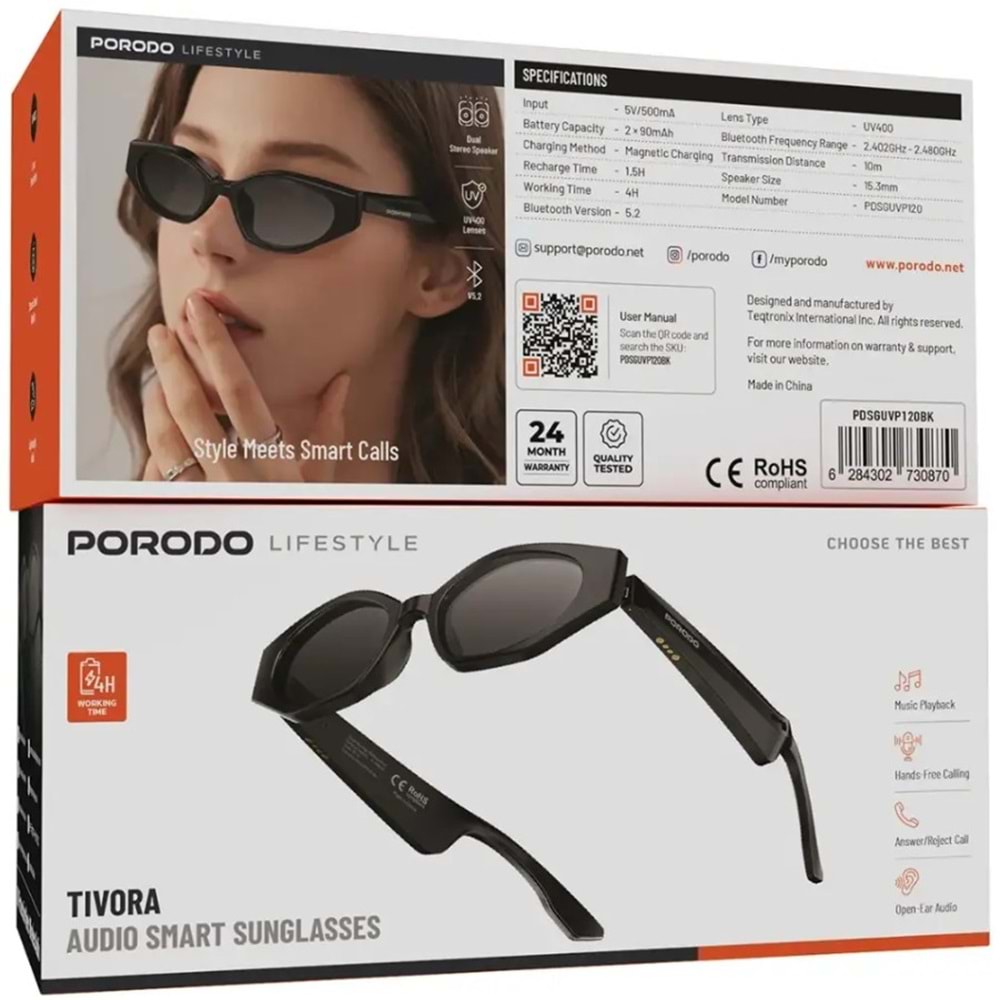 PORODO TIVORA AKILLI BLUETOOTH GÖZLÜK UV400 SİYAH - PDSGUVP120BK
