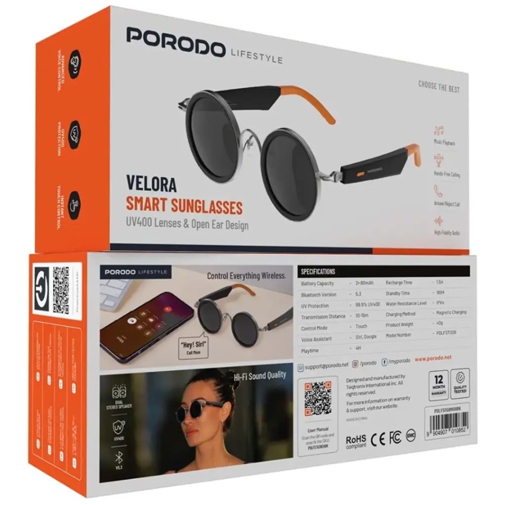PORODO VELORA BLUETOOTH AKILLI GÖZLÜK UV400 TURUNCU SİYAH - PDLFSTG09ORBK