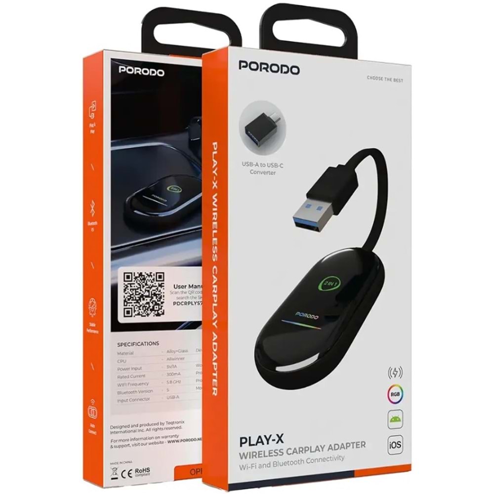 PORODO PLAY-X 2'Sİ 1 ARADA KABLOSUZ CARPLAY ADAPTÖRÜ SİYAH - PDCRPLYS7BK