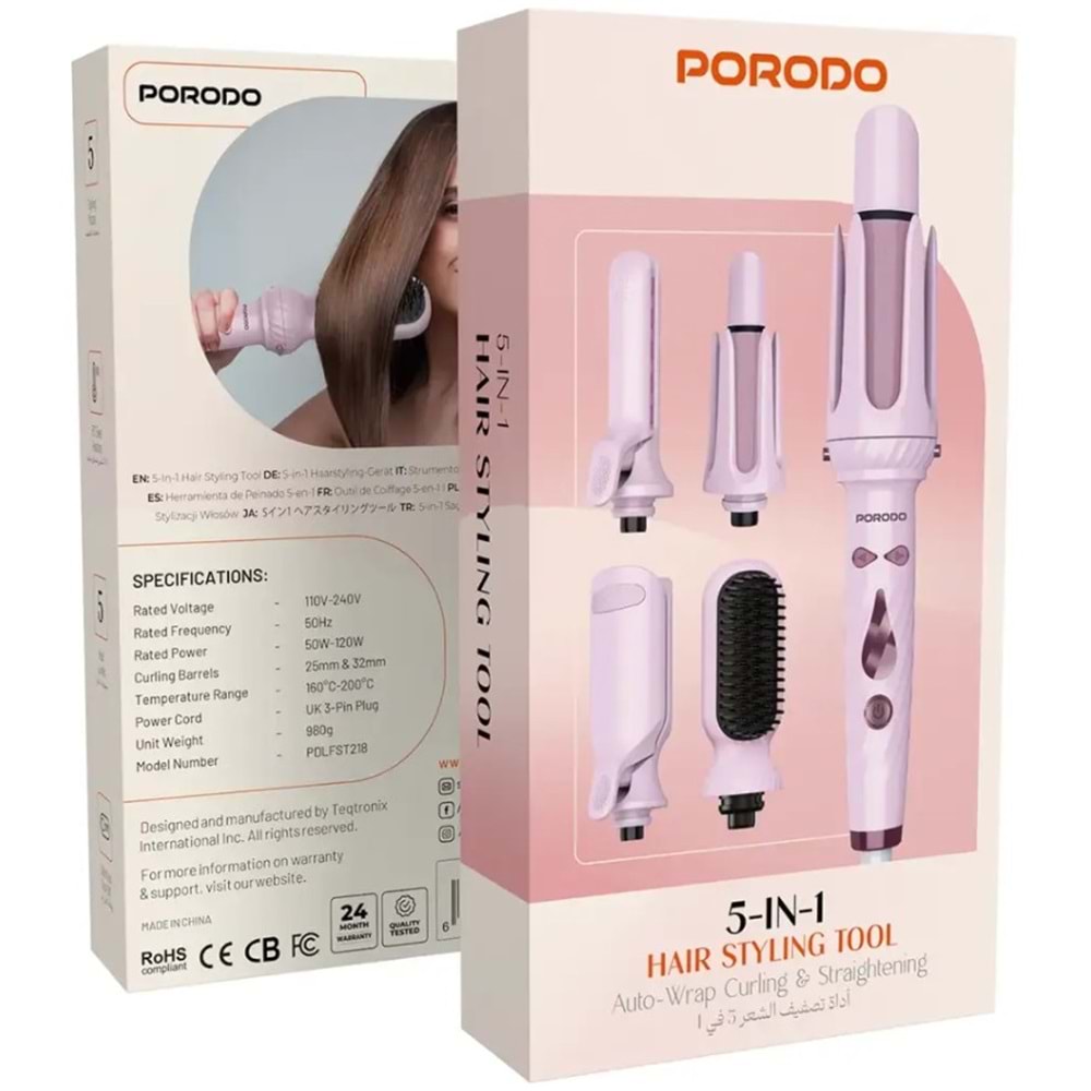 PORODO 5'İ 1 ARADA OTOMATİK ÇOK FONKSİYONLU SAÇ ŞEKİLLENDİRİCİ PEMBE - PDLFST218PK