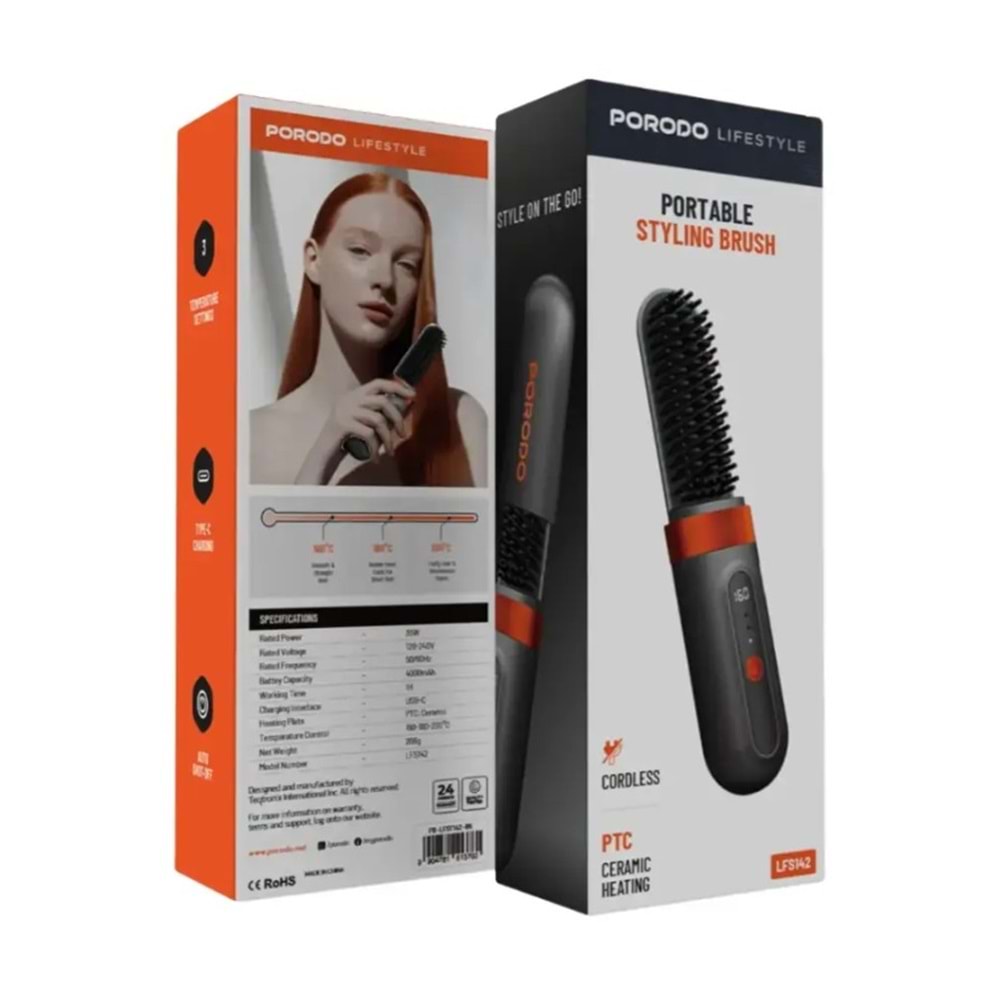 PORODO TAŞINABİLİR ISITMALI SAÇ ŞEKİLLENDİRİCİ TARAK 4000MAH SİYAH - PD-LFST142-BK