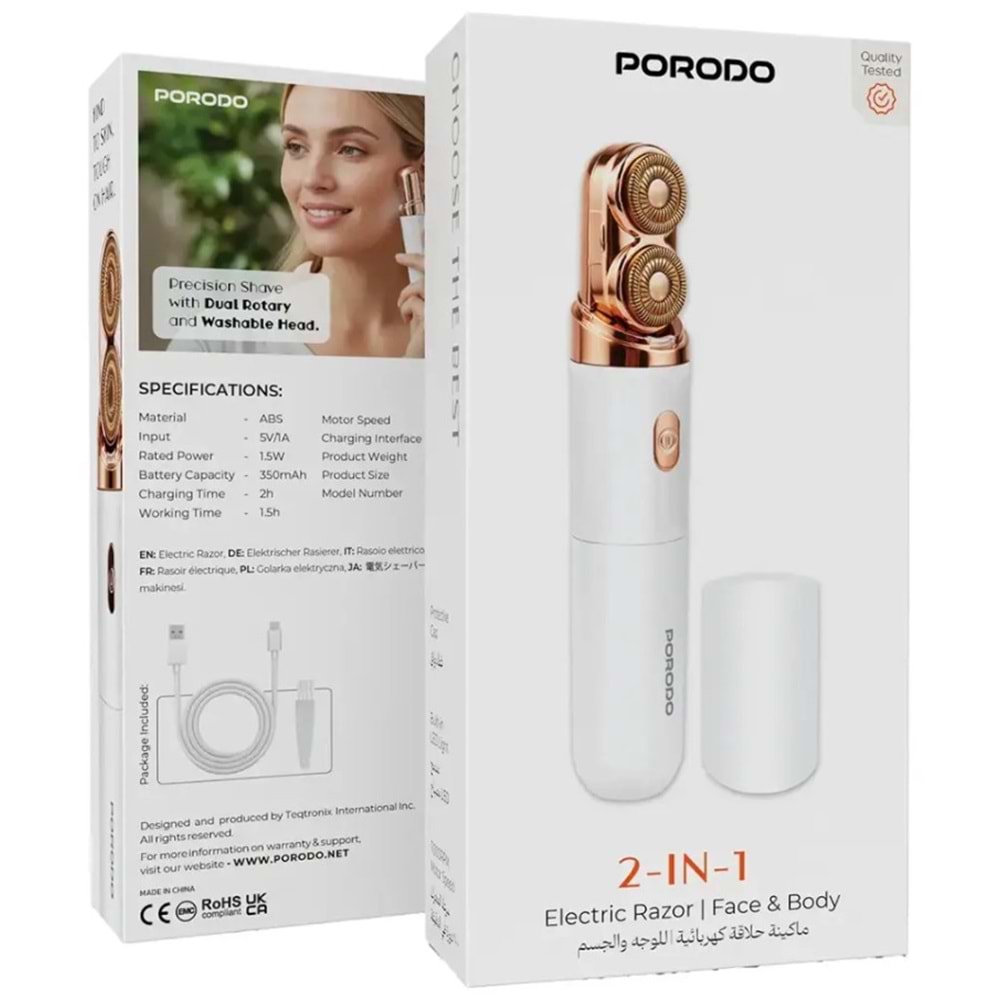 PORODO 2'Sİ 1 ARADA YÜZ VE VÜCUT TIRAŞ MAKİNESİ BEYAZ - PDLFSTS33WH