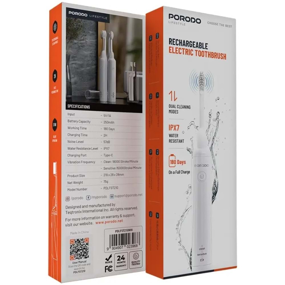 PORODO IPX7 SU GEÇİRMEZ ŞARJLI DİŞ FIRÇASI BEYAZ - PDLFST210WH