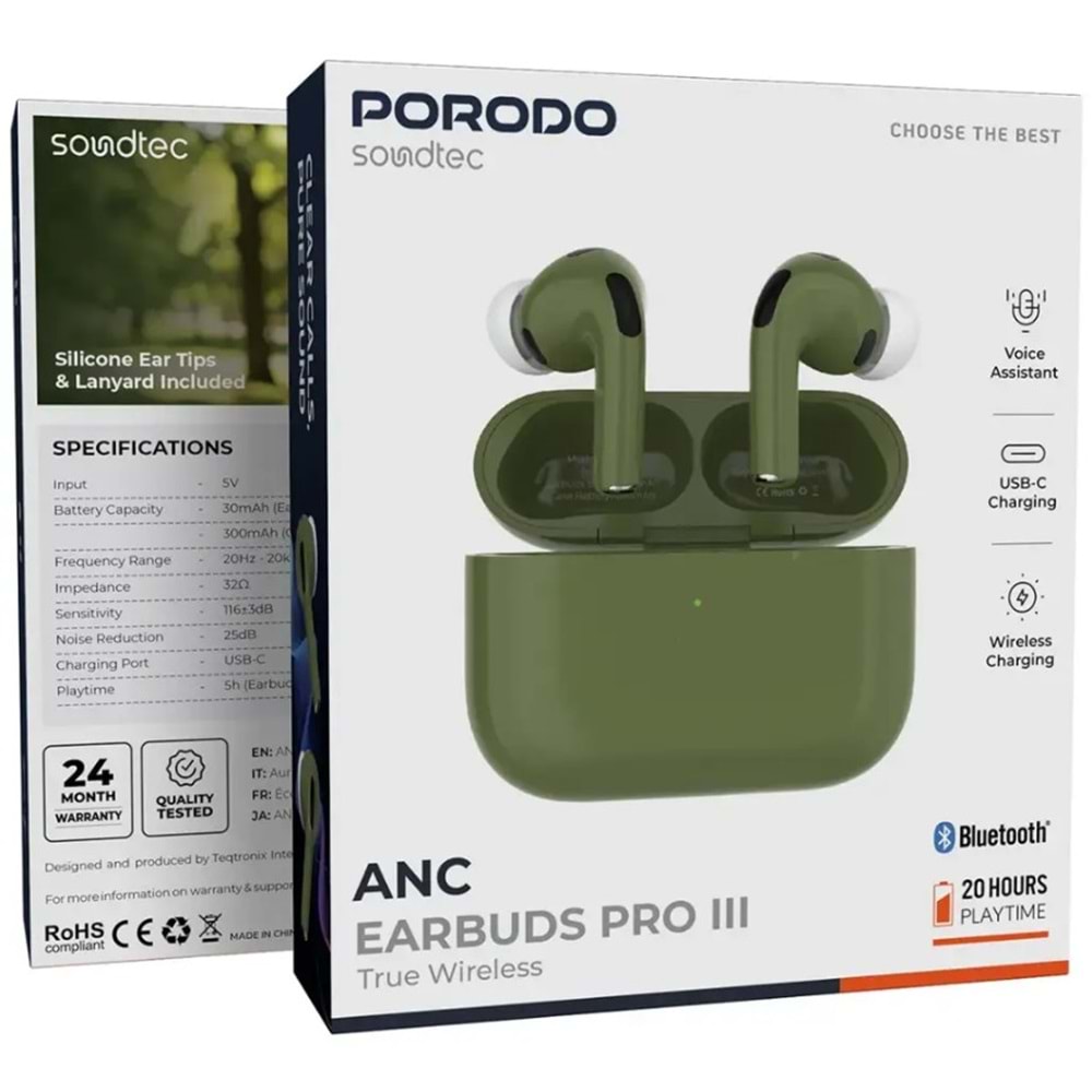 PORODO AIRPODS PRO 3 ANC KABLOSUZ KULAKLIK TWS YEŞİL - PD8002GR