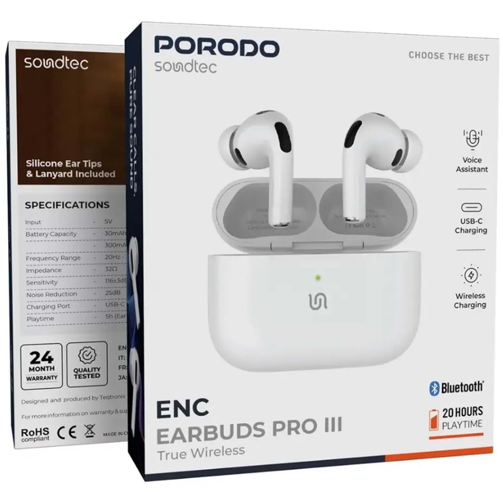 PORODO AIRPODS PRO 3 ENC KABLOSUZ KULAKLIK TWS BEYAZ - PD8001WH