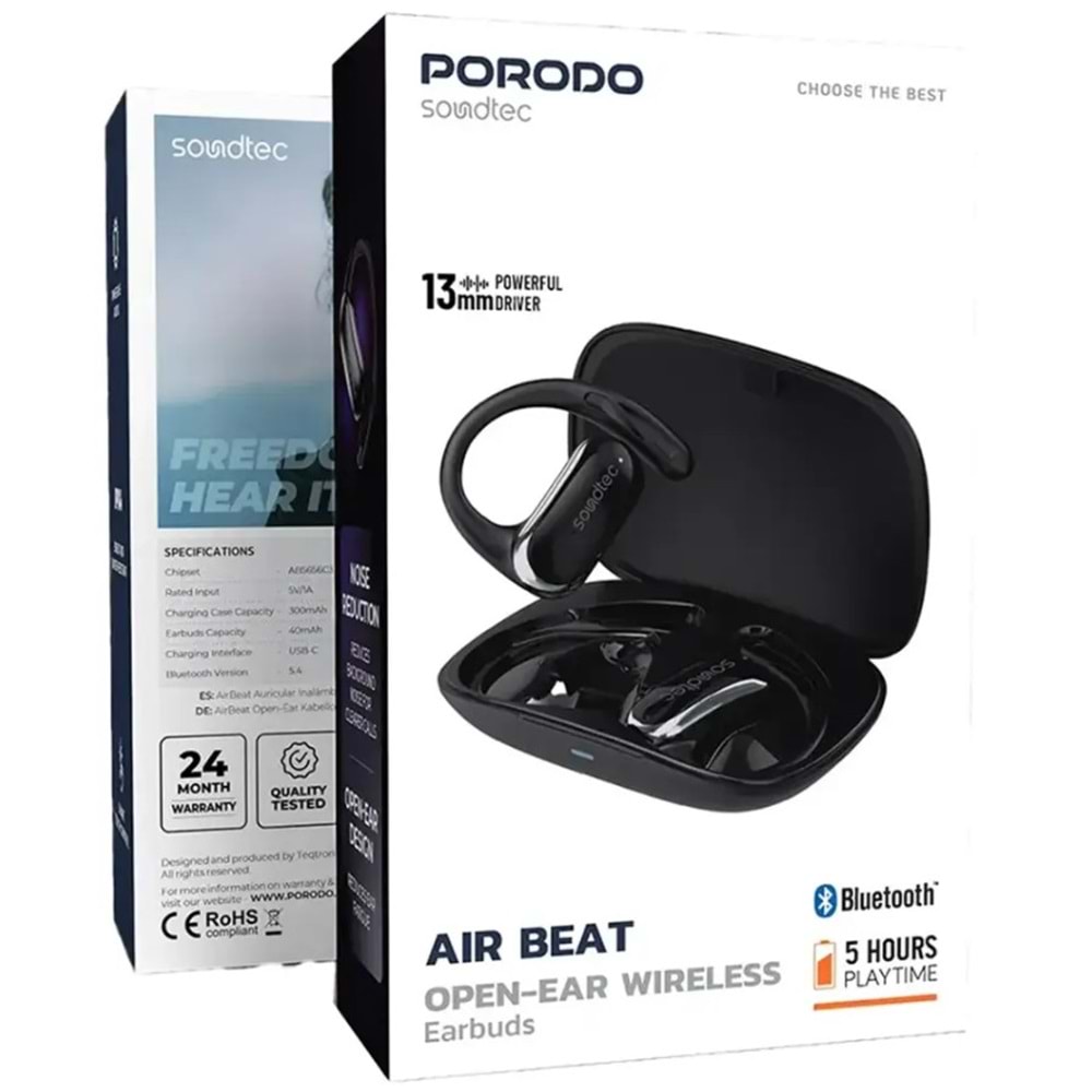 PORODO AIR BEAT AÇIK KULAK KABLOSUZ KULAKLIK SİYAH - PDSTWMO05BK