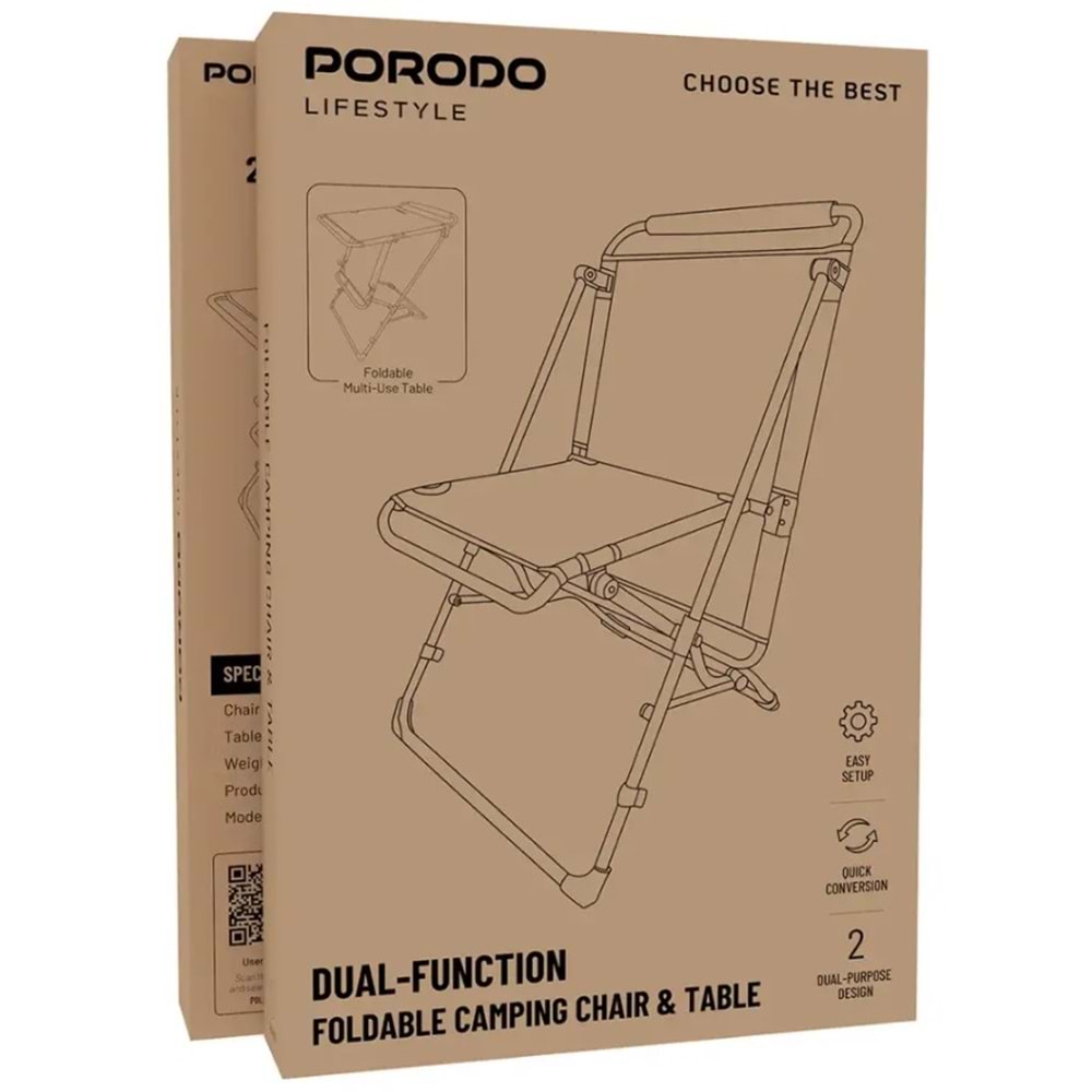 PORODO 2'Sİ 1 ARADA KATLANABİLİR KAMP MASASI VE SANDALYESİ TURUNCU - PDLFST8200OR