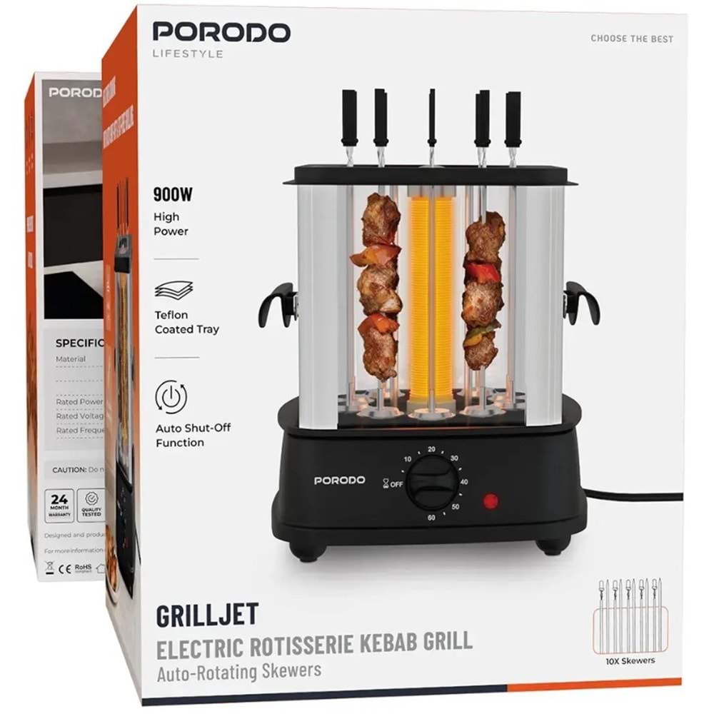 PORODO GRILLJET ELEKTRİKLİ DÖNER ŞİŞ KEBAP MAKİNESİ SİYAH - PDLFSTL20BK