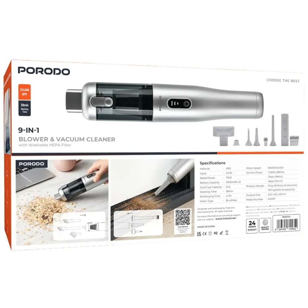 PORODO 9'U 1 ARADA HAVA ÜFLEYİCİ VE ŞARJLI SÜPÜRGE 110W GRİ - PD097GY