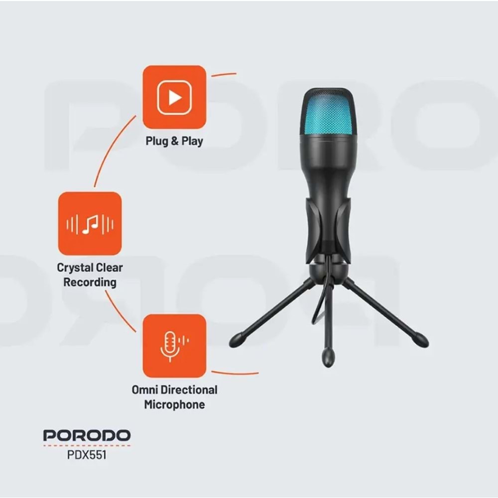 PORODO RGB USB KONDENSER MİKROFON TRİPODLU SİYAH - PDX551