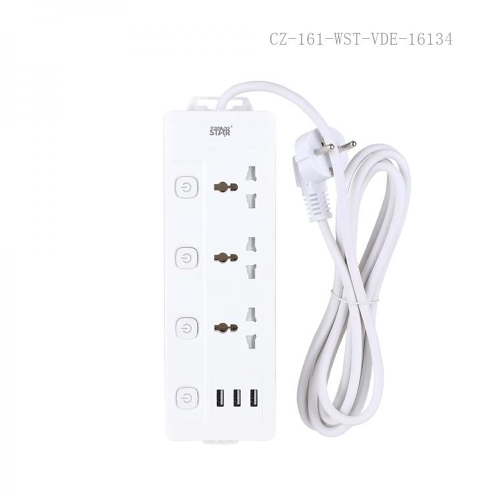 WINNING STAR ST-4029 2000W 3 METRE 3'LÜ EVRENSEL PRİZ 3 USB GİRİŞLİ 4 AYRI ANAHTARLI ÇOKLU UZATMA KABLOSU
