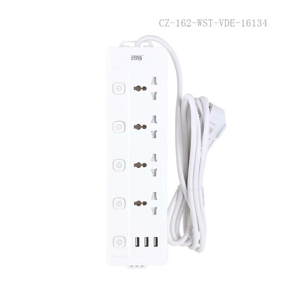 WINNING STAR ST-4032 2000W 3 METRE 4'LÜ EVRENSEL PRİZ 3 USB GİRİŞLİ 5 AYRI ANAHTARLI ÇOKLU UZATMA KABLOSU