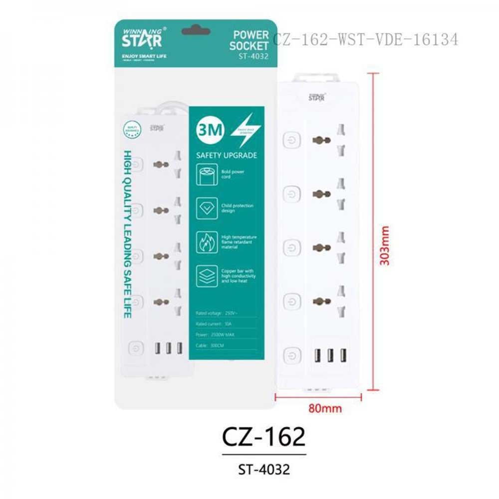 WINNING STAR ST-4032 2000W 3 METRE 4'LÜ EVRENSEL PRİZ 3 USB GİRİŞLİ 5 AYRI ANAHTARLI ÇOKLU UZATMA KABLOSU