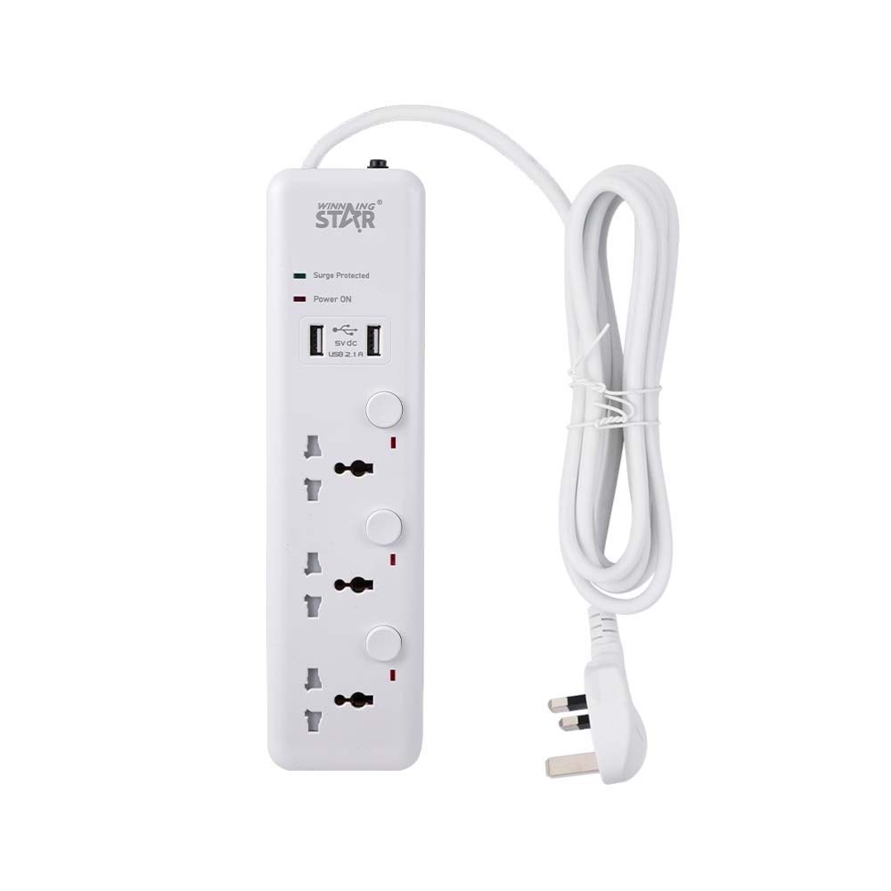 WINNING STAR ST-1003U 2500W 3 METRE 3'LÜ EVRENSEL PRİZ 2 USB GİRİŞLİ 3 AYRI ANAHTARLI UK/BS FİŞLİ ÇOKLU UZATMA KABLOSU