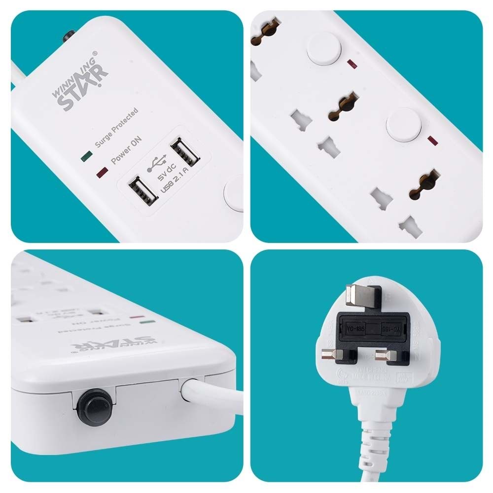 WINNING STAR ST-1003U 2500W 3 METRE 3'LÜ EVRENSEL PRİZ 2 USB GİRİŞLİ 3 AYRI ANAHTARLI UK/BS FİŞLİ ÇOKLU UZATMA KABLOSU