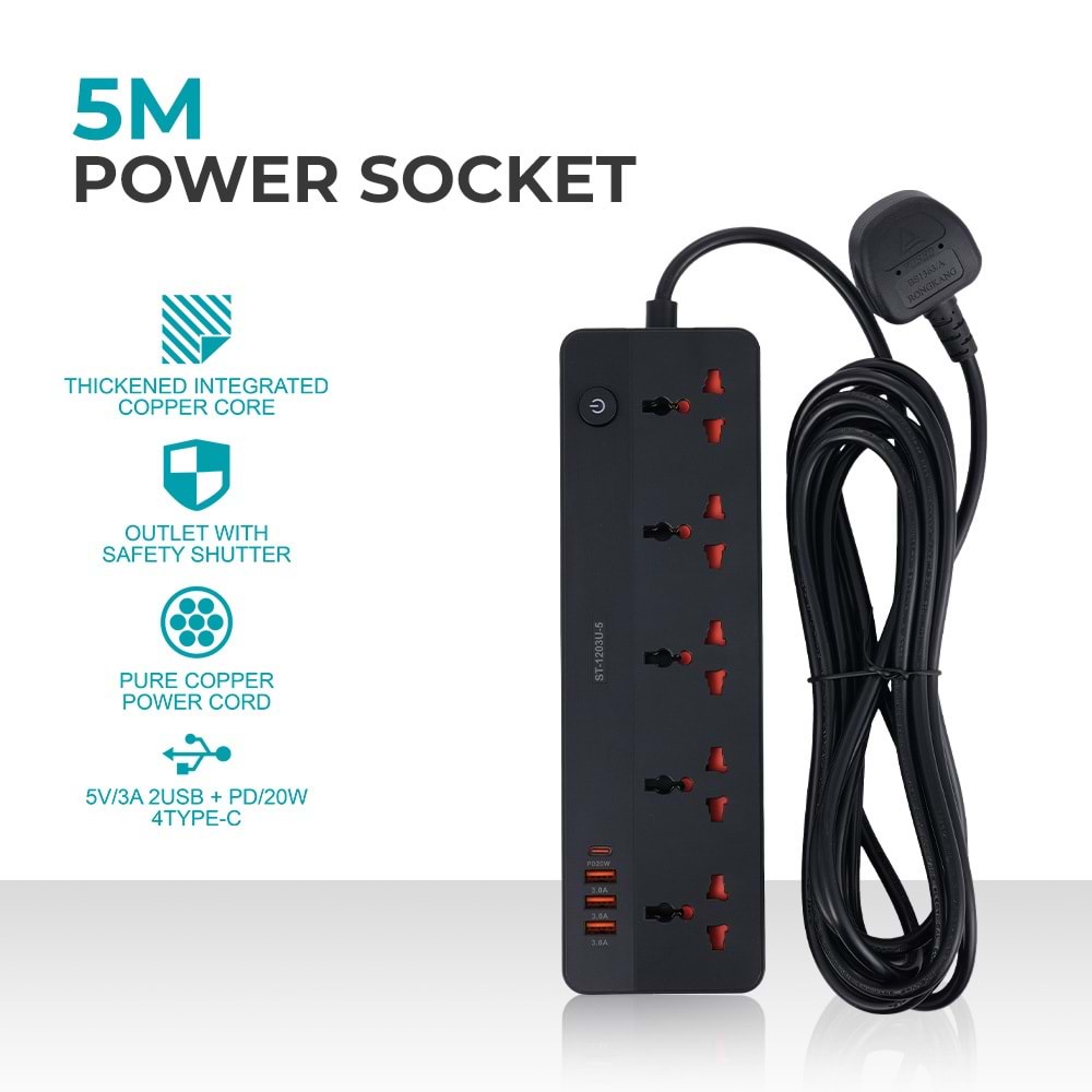 WINNING STAR ST-1203U-5 2500W 5 METRE 5'Lİ EVRENSEL PRİZ 4 USB GİRİŞLİ ÇOKLU UZATMA KABLOSU
