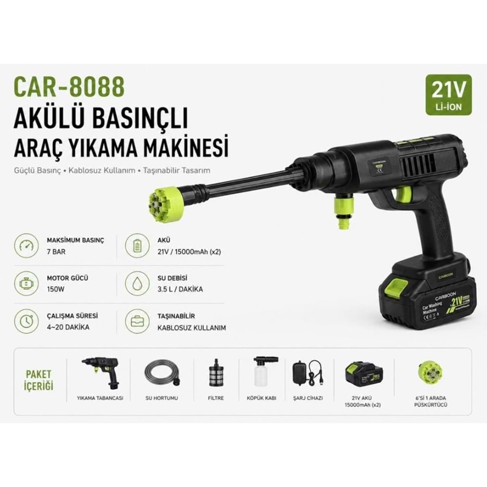CARBOON CAR-8088 AKÜLÜ BASINÇLI ARABA YIKAMA MAKİNESİ
