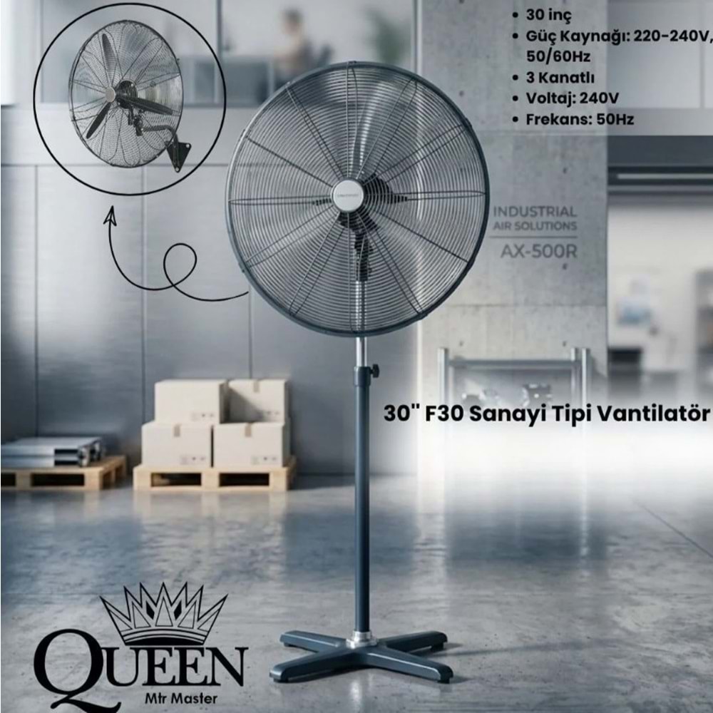 QUEEN F30 3 KANATLI SANAYİ TİPİ VANTİLATÖR