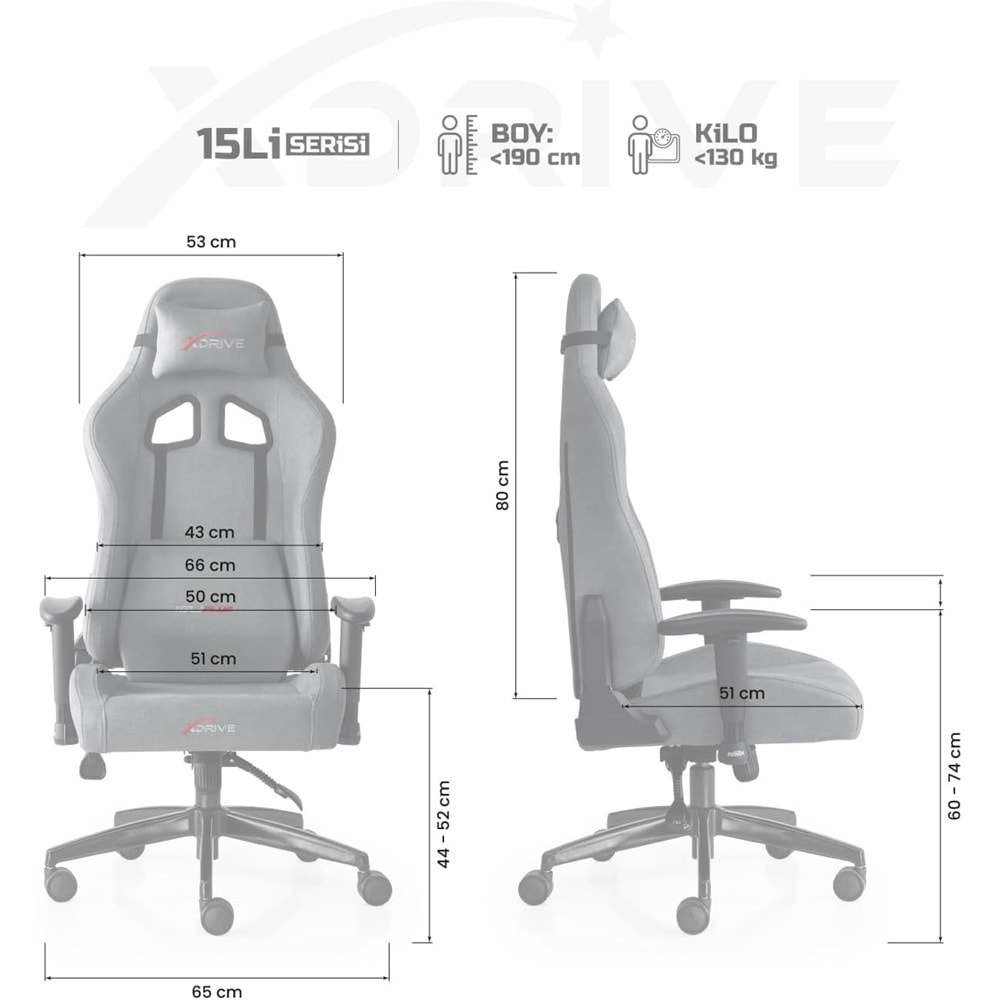 XDRİVE 15 Lİ PLUS OYUNCU KOLTUĞU KUMAŞ GRİ
