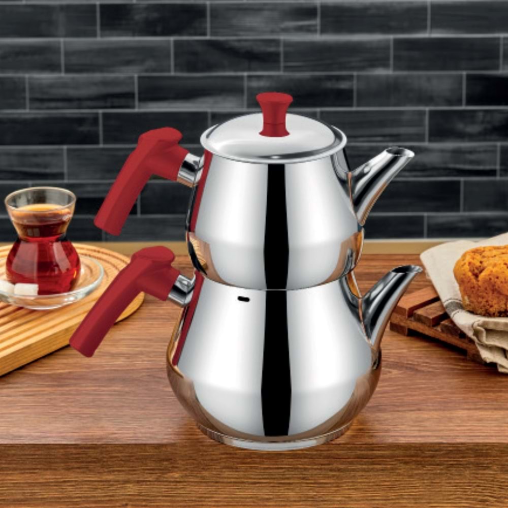 POLOCHEF DOLPHIN ÇELİK ÇAYDANLIK SETİ MEGABOY KIRMIZI SAP DOK-102